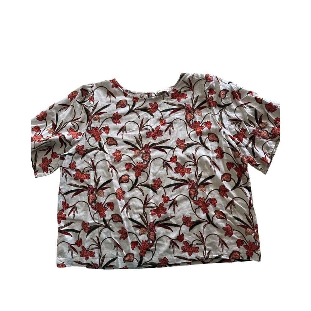 LOFT Women White Red Floral Linen Blend Short Sleeve Keyhole Blouse Top L